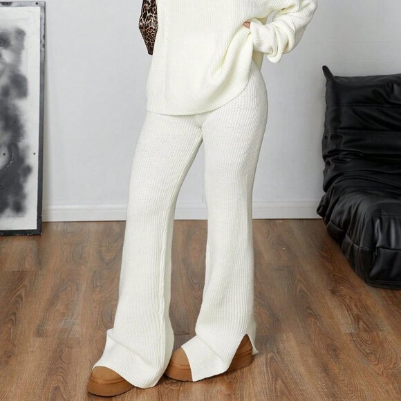 White Casual Women's Cute Knitted Sweater Pants Set - Picture 4 of 7
